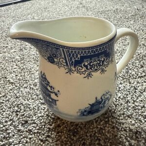 Chinese Garden Blue Emerald Porcelain Milk Creamer Pitcher Oriental Scene 4”H